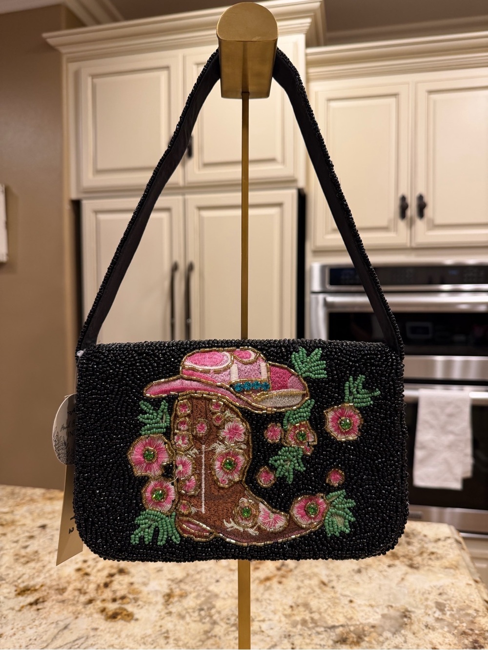 Black Beaded Floral Western Shoulder Bag with Pink Accents and rhinestones